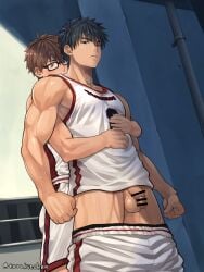2boys balls basketball_uniform biceps black_eyes black_hair blush brown_hair censor_bar censored censored_penis clenched_hand collarbone ebitendon flaccid gay glasses hi_res hugging hugging_from_behind looking_at_another male male/male male_only muscles muscular muscular_arms muscular_legs muscular_male muscular_thighs original original_character outdoors pants_down pecs penis pointless_censoring retracted_foreskin shadow short_hair shorts standing sunlight sweat sweatdrop sweating sweaty tanktop torakitchen torakitchen_(ebitendon) triceps uncircumcised uncut yaoi