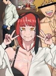 2boys 2girls after_sex big_breasts blonde_hair bra breasts cellphone chainsaw_man cleavage collarbone cum cum_in_mouth cum_on_body cum_on_breasts cum_on_face cum_on_hair cum_on_upper_body cumdrip denji_(chainsaw_man) double_v facial hayakawa_aki identity_censor looking_at_viewer makima_(chainsaw_man) multiple_boys phone power_(chainsaw_man) pubic_hair_in_mouth red_hair runny_makeup self_shot smile srjrgart tongue tongue_out v w yellow_eyes