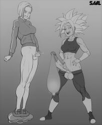 android_18 clenched_teeth dragon_ball dragon_ball_super erection futanari huge_cock humiliation kefla open_mouth penis savalkas small_condom testicles