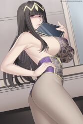 1girls armpits aslindsamure ass bangs big_ass black_hair book breasts female female_only fire_emblem fire_emblem_awakening large_breasts lingerie long_hair looking_at_viewer nintendo pantyhose purple_eyes sideboob solo tharja_(fire_emblem)