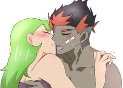 1boy 1girls bandaid black_hair blush closed_eyes collarbone dark-skinned_female dark-skinned_male dark_skin green_hair hetero hug imminent_kiss kaisei_motono kiawe_(pokemon) kissing male/female mallow_(pokemon) nintendo pokemon pokemon_sm red_hair straight sweat tongue tongue_out trembling trial_captain two-tone_hair upper_body white_background