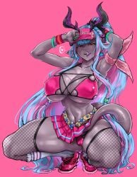 anuttsuii armpits bangs bare_shoulders belt bikini blue_hair blush breasts cameltoe cleavage collarbone colored_skin covered_nipples dark-skinned_female dark_skin demon_girl detached_sleeves earrings fate/grand_order fate_(series) female fishnet_legwear fishnet_thighhighs fishnets grey_skin hair_between_eyes highres horns huge_breasts ibuki_douji_(fate) ibuki_douji_(swimsuit_berserker)_(fate) ibuki_douji_(swimsuit_berserker)_(first_ascension)_(fate) ibuki_douji_(swimsuit_berserker)_(second_ascension)_(fate) innie_belly_button jewelry large_breasts licking_lips long_hair looking_at_viewer miniskirt multicolored_hair navel oni oni_horns pink_background pink_bikini pink_footwear pink_hair pink_headwear pink_skirt pleated_skirt pointy_ears ponytail red_eyes seducing seductive seductive_eyes seductive_look seductive_mouth seductive_pose seductive_smile shoes sidelocks signature simple_background skirt smile sneakers solo squatting swimsuit tail teeth thick_thighs thighhighs toned_stomach tongue tongue_out visor_cap