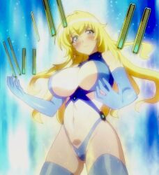 1girls aura big_breasts blonde_hair blue_eyes blush breasts busty cleavage female female_only highres large_breasts long_hair masou_gakuen_hxh mecha_musume navel screencap stitched surprised third-party_edit yurishia_farandole