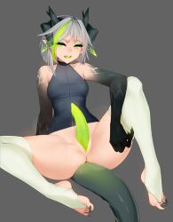 1futa animal_genitalia bare_arms bare_shoulders big_penis bottomless breasts claws clothed clothing colored_tongue commentary dragon_girl erection eyeshadow futa_only futa_sans_balls futanari green_eyes green_eyeshadow green_hair green_tongue grey_background grey_hair herm hermaphrodite highres horn horns humanoid intersex looking_at_viewer makeup multi_genitalia multi_horn multicolored_hair no_testicles open_mouth original partially_clothed penis penis_emerging_from_pussy pointy_ears precum pussy ricegnat scathe_(ricegnat) sharp_teeth short_hair simple_background solo spread_legs stirrup_legwear streaked_hair symbol-only_commentary tail tapering_penis teeth thighhighs thighs toeless_legwear toes two-tone_hair white_thighhighs