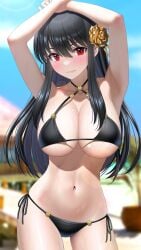 1girls armpits arms_up assassin bangs beach bikini black_bikini black_hair blurry blurry_background blush breasts choker cleavage closed_mouth consome2021 contrapposto cowboy_shot day depth_of_field eyebrows_hidden_by_hair female girl glaring hair_between_eyes hair_ornament halterneck highres houriigurei large_breasts long_hair looking_at_viewer navel o_ring outdoors red_eyes side_tie_bikini_bottom solo spy_x_family stomach string_bikini swimsuit thorn_princess v_shaped_eyebrows yor_briar