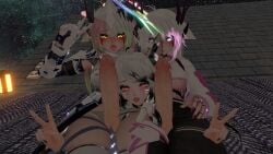 1girls 2futas ahe_gao animal_ears between_cocks blue_eyes futanari horns imminent_sex mirror mostly_clothed orange_light peace_sign red_eyes tagme threesome vrchat vrchat_avatar white_and_black_hair white_and_pink_hair yellow_eyes