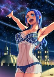 1girls alsea armpits arms_up belly_button big_breasts blue_hair bra building busty curvy female female_only frills light_skin lingerie long_hair nebula nefertari_vivi night one_piece panties sheer sheer_clothing smile solo stars tummy