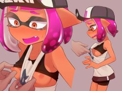 animal_humanoid anthro assisted_exposure bra breasts cephalopod cephalopod_humanoid crying dark_skin embarrassed female female_focus humanoid inkling inkling_girl mask_(marking) nintendo nipples organ_rn pink_hair pointy_ears pseudo_hair small_breasts splatoon splatoon_(series) splatoon_2 sports_bra squid surume_(splatoon) sweat tears tentacle tentacle_hair