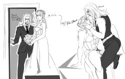 1boy 1girls cheating cheating_on_wedding_day clothed cuckold dialogue female giorno_giovanna jojo's_bizarre_adventure leone_abbacchio male male/female monochrome nemdreams netorare ntr penis pussy rule_63 straight vaginal_penetration vento_aureo wedding_dress