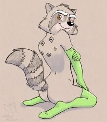 anthro anthro_only ass clothing corgi_(artist) cybernetic_attachment cybernetics gloves guardians_of_the_galaxy handwear legwear machine male mammal markings marvel procyonid raccoon ring_(marking) ringtail rocket_raccoon smile solo tail_markings tights