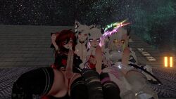 1girls 3futas animal_ears blue_eyes blush collar_and_leash futanari horns mostly_clothed night pierced_penis red_and_black_hair red_eyes tagme vrchat vrchat_avatar white_and_black_hair white_and_pink_hair yellow_eyes