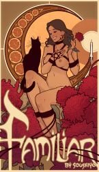 art_nouveau bondage brown_hair brunette candle cat character_request closed_eyes diana_(soushiyo) earrings familiar_(comic) feline female flower jack_(soushiyo) long_hair pentagram pinup soushiyo