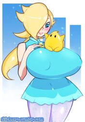 blonde_hair blue_eyes large_breasts lilithn luma mario_(series) mario_tennis nintendo princess_rosalina tagme