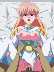 1boy 1girls areolae bed blonde_hair breasts breasts_out brown_eyes cape censored clothed_sex clothing collar cum cum_in_pussy cum_inside dragon_quest dragon_quest_dai_no_daibouken earrings female female_pubic_hair frown_eyebrows frowning frowning_at_partner golden_belt grab grabbing grabbing_legs grabbing_waist green_dress hairclips hairy hairy_pussy human leg_grab legs_up long_hair male medium_breasts missionary missionary_position mosaic_censoring nipples open_mouth pale-skinned_female pale_skin penetration penis pillow princess princess_leona pubic_hair salmon_knight sex shoulder_pads shounen_jump thigh_boots thighhigh_boots thighhighs underwear underwear_aside vaginal_penetration waist_grab white_cape white_underwear