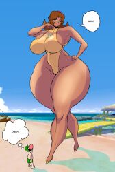 1boy 1boy1girl 1girls 2022 breasts brown_hair curvaceous curvy english english_text female giantess harorlood hips hourglass_figure huge_breasts huge_thighs larger_female looking_at_another looking_down looking_up luigi male mario_(series) nintendo one-piece_swimsuit princess_daisy size_difference smaller_male speech_bubble super_mario_bros. super_mario_sunshine swimsuit swimwear text thick_thighs thighs thought_bubble thunder_thighs voluptuous wide_hips