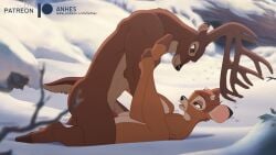 2boys anal anal_sex anhes anthro anthro_on_anthro bambi bambi_(character) bambi_(film) black_nose brown_fur daddy deer disney father father_and_son father_penetrating_son furry gay incest male male/male male_only outdoors outside penetration snow son the_great_prince_of_the_forest yaoi