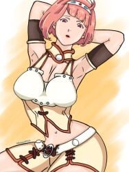 alkanoid743 armband armor armored_dress armpits arms_above_head arms_behind_head arms_up belt cleavage female female_focus headband navel nina_dragnot pink_hair red_eyes shingeki_no_bahamut:_virgin_soul short_hair solo solo_focus