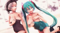 3d blue_eyes blue_hair hatsune_miku kizuna_akari large_breasts maroshoo mmd swimsuit vocaloid voiceroid