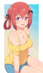 bat_hair_ornament blush bra_strap breasts cleavage female gabriel_dropout hair_ornament hair_rings kurumizawa_satanichia_mcdowell looking_at_viewer nyaroon ocean off-shoulder_shirt off_shoulder open_mouth red_hair sand satanichia_kurumizawa_mcdowell shirt short_shorts shorts sitting smile solo spaghetti_strap