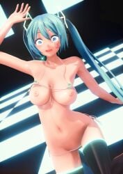 3d bikini blue_eyes blue_hair embarrassed exposed_nipples hatsune_miku maroshoo mmd small_breasts vocaloid