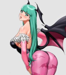 1girls armwear ass bangs bat_print blunt_bangs blush capcom clothing darkstalkers demon_wings female female_only green_eyes green_hair grey_background head_wings hi_res legs_together leotard long_hair looking_at_viewer looking_back morrigan_aensland pantyhose pink_pantyhose ryofu_x small_breasts solo solo_female succubus succubus_costume wings