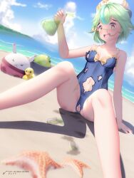 amber_eyes beach genshin_impact green_hair mint_hair pussy sucrose_(genshin_impact) torn_clothes torn_clothing