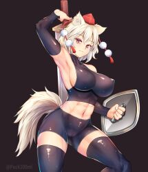 1girls abs animal_ear_fluff animal_ears arm_up bangs big_breasts bike_shorts black_background black_bodysuit black_thighhighs bodysuit breasts cameltoe closed_mouth covered_nipples detached_sleeves female hat holding holding_shield holding_sword holding_weapon inubashiri_momiji large_breasts long_sleeves looking_at_viewer momiji_inubashiri muscular muscular_female navel pom_pom_(clothes) puck100ml red_eyes ribbon-trimmed_sleeves ribbon_trim shield short_hair sideboob simple_background skin_tight solo sword tagme tail thighhighs thighs tokin_hat toned touhou weapon white_hair wolf_ears wolf_tail