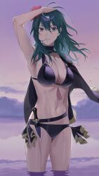 1girls absurdres alternate_costume arm_up bangs bikini black_bikini black_cape black_swimsuit blue_eyes blue_hair breasts byleth_(fire_emblem) byleth_(fire_emblem)_(female) byleth_(summer)_(fire_emblem)_(female) cape cleavage closed_mouth cloud collarbone commentary cowboy_shot dagger e5nf8v evening female female female_only fire_emblem fire_emblem:_three_houses fire_emblem_heroes floating_hair flower hair_between_eyes hair_flower hair_ornament halterneck hibiscus highres knife large_breasts long_hair looking_at_viewer midriff navel nintendo ocean official_alternate_costume outdoors ribbon sheath sheathed sidelocks single_bang solo standing swimsuit tassel teal_hair wading weapon wet wrist_ribbon