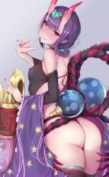 ass back bangs bare_shoulders black_thighhighs blush breasts chinese_clothes closed_mouth club_(weapon) commentary covered_nipples detached_sleeves dudou eyeliner fate/grand_order fate_(series) female forehead_jewel gourd gradient gradient_background grey_background hair_ornament headpiece heart highres hip_focus horns looking_at_viewer looking_back low_twintails makeup oni oni_horns photoshop_(medium) pointy_ears purple_eyes purple_hair rope sash sherryqq short_eyebrows short_hair shuten_douji_(fate) shuten_douji_(halloween_caster)_(fate) skin-covered_horns small_breasts smile solo spiked_club star_(symbol) star_print thighhighs thighs weapon