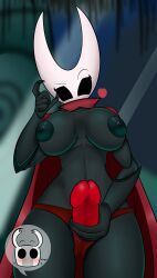 black_body blush breasts cape cloak commission female hollow_knight hornet_(hollow_knight) horns incest insect_girl nervous protagonist_(hollow_knight) red_cape reypan siblings strap-on strapon vessel_(species)