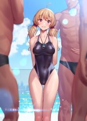 1girls 3boys ahoge arms_behind_back bangs black_swimsuit blonde_hair blue_sky blush breasts chain-link_fence cloud competition_swimsuit covered_navel cowboy_shot day eyebrows_visible_through_hair female female_focus fence gluteal_fold grin hair_scrunchie happy head_tilt height_difference high_resolution highleg highleg_swimsuit hips imminent_sex large_breasts large_filesize legs_together long_hair looking_at_viewer male multiple_boys one-piece_swimsuit original original_character outdoors petite pool poolside pose presenting presenting_another presenting_self public purple_eyes red_hair_ornament remana scrunchie shiny shiny_clothes skindentation sky slender_waist smile solo_focus sparkle standing stopwatch stopwatch_around_neck sunlight surrounded swimsuit tank_suit thigh_gap thighs tied_hair toned twintails very_high_resolution watch water wide_hips