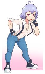 buddy_(buddies) dashi_art muscular overalls red_eyes scars smug sweat tomboy white_hair