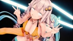 3d bikini blue_eyes blue_hair futa_on_female futanari hatsune_miku kizuna_akari large_breasts maroshoo mmd sex_from_behind twin_braids twintails v_sign vocaloid voiceroid