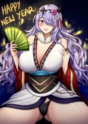 1girls 2022 alternate_costume areolae ass ass_visible_through_thighs black_panties black_underwear blush breasts cameltoe camilla_(fire_emblem) camilla_(new_year)_(fire_emblem) collarbone covered_eyes eyebrows eyebrows_visible_through_hair eyelashes eyelashes_visible_through_hair female female_only fire_emblem fire_emblem_fates fire_emblem_heroes flower flower_in_hair grabbing_own_breast hair_flower hair_ornament hand_fan hips huge_breasts long_hair navel new_year nintendo official_alternate_costume panties petals purple_eyes purple_hair thick_thighs thighs thong wide_hips yirusann