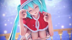 3d bikini blue_eyes blue_hair hatsune_miku large_breasts maroshoo mmd santa_costume vocaloid