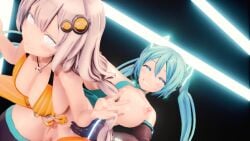 3d bikini blue_eyes blue_hair futa_on_female futanari hatsune_miku kizuna_akari large_breasts maroshoo mmd sex_from_behind twin_braids twintails v_sign vocaloid voiceroid