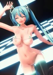 3d bikini blue_eyes blue_hair exposed_nipples hatsune_miku maroshoo mmd small_breasts vocaloid