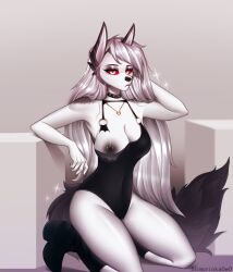 anthro areola big_breasts black_areola black_nipples breasts canid canid_demon canine canis choker cleavage clothed clothing cube demon dress female fur furry furry_only hair heart hellhound helluva_boss hi_res jewelry long_hair loona_(helluva_boss) mammal necklace nipple_piercing nipples piercing red_sclera slimorinkaowo solo star tail wardrobe_malfunction