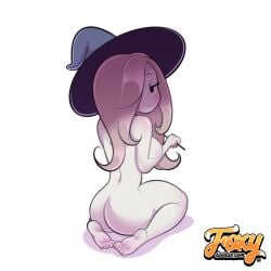 1girls artist_logo artist_website ass breasts completely_nude completely_nude_female female female_only fox-n-box foxnbox full_body hair_over_one_eye little_witch_academia looking_at_viewer looking_back naked naked_female nude nude_female one_eye_covered solo solo_female sucy_manbavaran white_background witch_hat