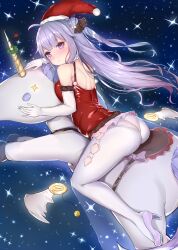 absurdres ahoge ass azur_lane bare_shoulders bell blush breasts christmas commentary elbow_gloves female gloves hat high_heels highres light_purple_hair long_hair medium_breasts panties panties_over_pantyhose pantyhose pumps purple_eyes saddle santa_hat sherryqq solo star_(sky) stuffed_animal stuffed_toy stuffed_unicorn thighs underwear unicorn unicorn_(azur_lane) white_gloves white_pantyhose