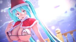 3d bikini blue_eyes blue_hair hatsune_miku large_breasts maroshoo mmd santa_costume vocaloid