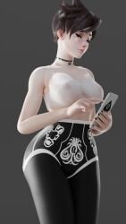 1girls 3d blackedr34 blender blizzard_entertainment brown_eyes choker female female_only hi_res highres looking_at_viewer necklace nipples overwatch phone queen_of_spades see-through see-through_clothing simple_background smartphone solo spade thick thick_ass thick_thighs tracer yoga_pants