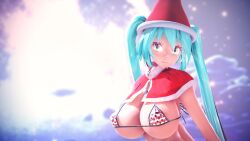 3d bikini blue_eyes blue_hair hatsune_miku large_breasts maroshoo mmd santa_costume vocaloid