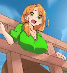 alex_(minecraft) big_ass big_breasts chururumoestudio confused cute green_eyes low-angle_view lowres minecraft open_mouth orange_hair panic steve_you_gotta_help_me_i'm_stuck stuck stuck_in_object thick_thighs