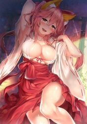 10s animal_ear_fluff animal_ears arm_up armpits arms_up bangs blush breasts cleavage collarbone commentary_request fate/extra fate_(series) female fox_ears hair_between_eyes hakama hakama_skirt highres japanese_clothes kawai_(purplrpouni) kimono large_breasts leg_up licking_lips long_hair long_sleeves looking_at_viewer lying miko no_bra on_back open_mouth pink_hair red_hakama sash sexy_armpits shiny shiny_skin skirt smile solo sparkle tamamo_no_mae_(fate) thighs tongue tongue_out white_kimono wide_sleeves yellow_eyes