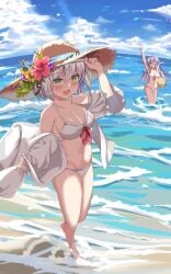 2girls amnesia_(majo_no_tabitabi) beach bikini breasts duo elaina_(majo_no_tabitabi) female female_only long_hair majo_no_tabitabi medium_breasts medium_hair tagme watermark white_hair whitecatcat