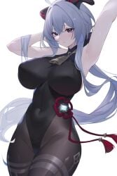 1girls arm_up armpit armpits belly_button_visible_through_clothing big_breasts blue_hair breasts busty child_bearing_hips curvaceous curves curvy curvy_body curvy_female curvy_figure curvy_hips female female_only ganyu_(genshin_impact) genshin_impact goat_horns hips horns huge_breasts kaneko_(bblogtinhan) large_breasts leotard light-skinned_female light_blue_hair pale-skinned_female pale_skin tagme thick tummy white_background wide_hips