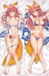 :3 absurdres animal_ear_fluff animal_ears armpits arms_behind_head arms_up barefoot bikini bikini_pull bikini_top_only blue_bikini blush bottomless bracelet breasts brown_eyes cleavage closed_mouth clothes_pull covered_navel cowboy_shot dakimakura_(medium) fate/grand_order fate_(series) female fox_ears fox_shadow_puppet fox_tail full_body gluteal_fold hair_between_eyes highres jewelry kawai_(purplrpouni) knees_together_feet_apart large_breasts long_hair lying multiple_views navel necklace on_back open_mouth pink_hair see-through sexy_armpits shiny shiny_skin shirt side-tie_bikini_bottom strap_gap string_bikini swimsuit tail tamamo_no_mae_(fate) tamamo_no_mae_(swimsuit_lancer) thigh_gap wet wet_clothes wet_shirt