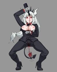 1girls big_breasts clothing demon_girl demon_horns demon_tail female functionally_nude functionally_nude_female helltaker long_hair lucifer_(helltaker) pouring pouring_on_breasts pouring_on_self red_eyes red_wine simplecar solo tagme white_hair wine wine_on_breasts