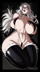 big_breasts black_cat_(marvel) black_clothing blue_eyes felicia_hardy latex_gloves looking_at_viewer marvel micro_bikini raidouzero thick_thighs veiny_breasts white_hair